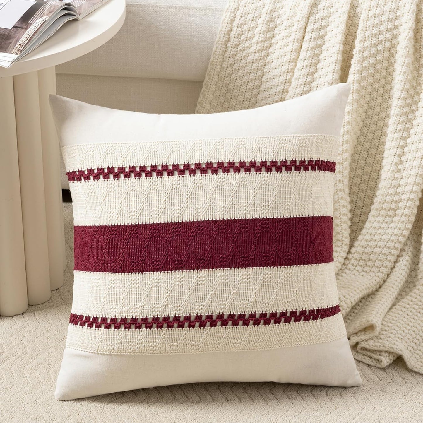 Fancy Homi Set of 1 Burgundy Boho Decorative Throw Pillow Covers 22x22 Inch for Couch Bed Sofa, Aesthetic Modern Farmhouse Christmas Room Decor, Soft Cotton Cute Textured Wind Red Cushion Case
