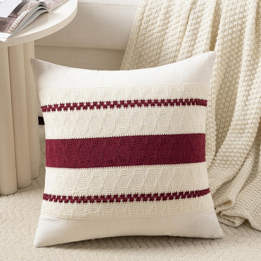 Fancy Homi Set of 1 Burgundy Boho Decorative Throw Pillow Covers 20x20 Inch for Couch Bed Sofa, Aesthetic Modern Farmhouse Christmas Room Decor, Soft Cotton Cute Textured Wind Red Cushion Case