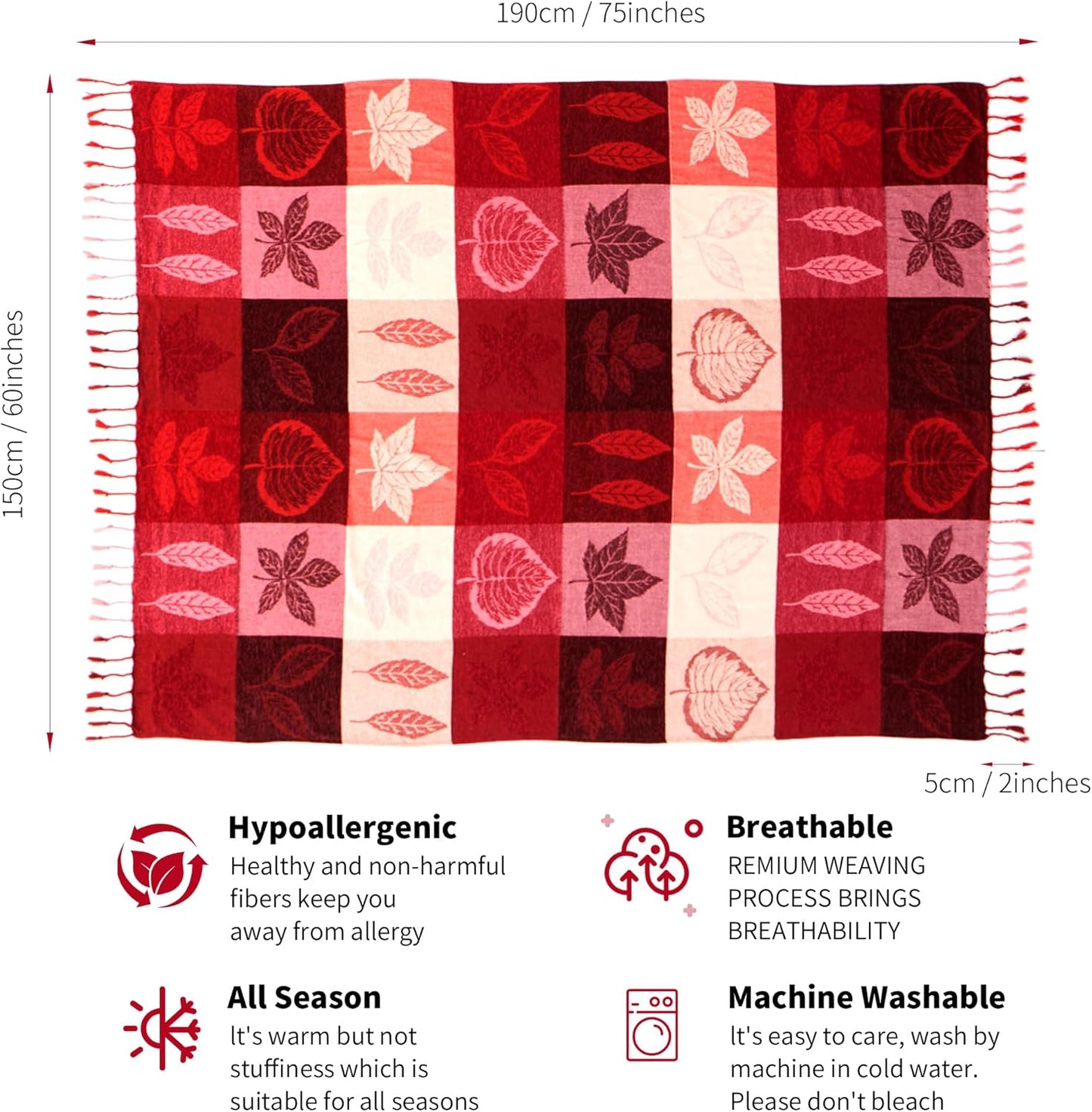 Bohemian Chenille Jacquard Tassel Throws - Reversible Red&Pink Maple Leaf Design for Boho Hippie Vibes - Oversized Blankets for Large Couch, Furniture, Sofa, Chair…