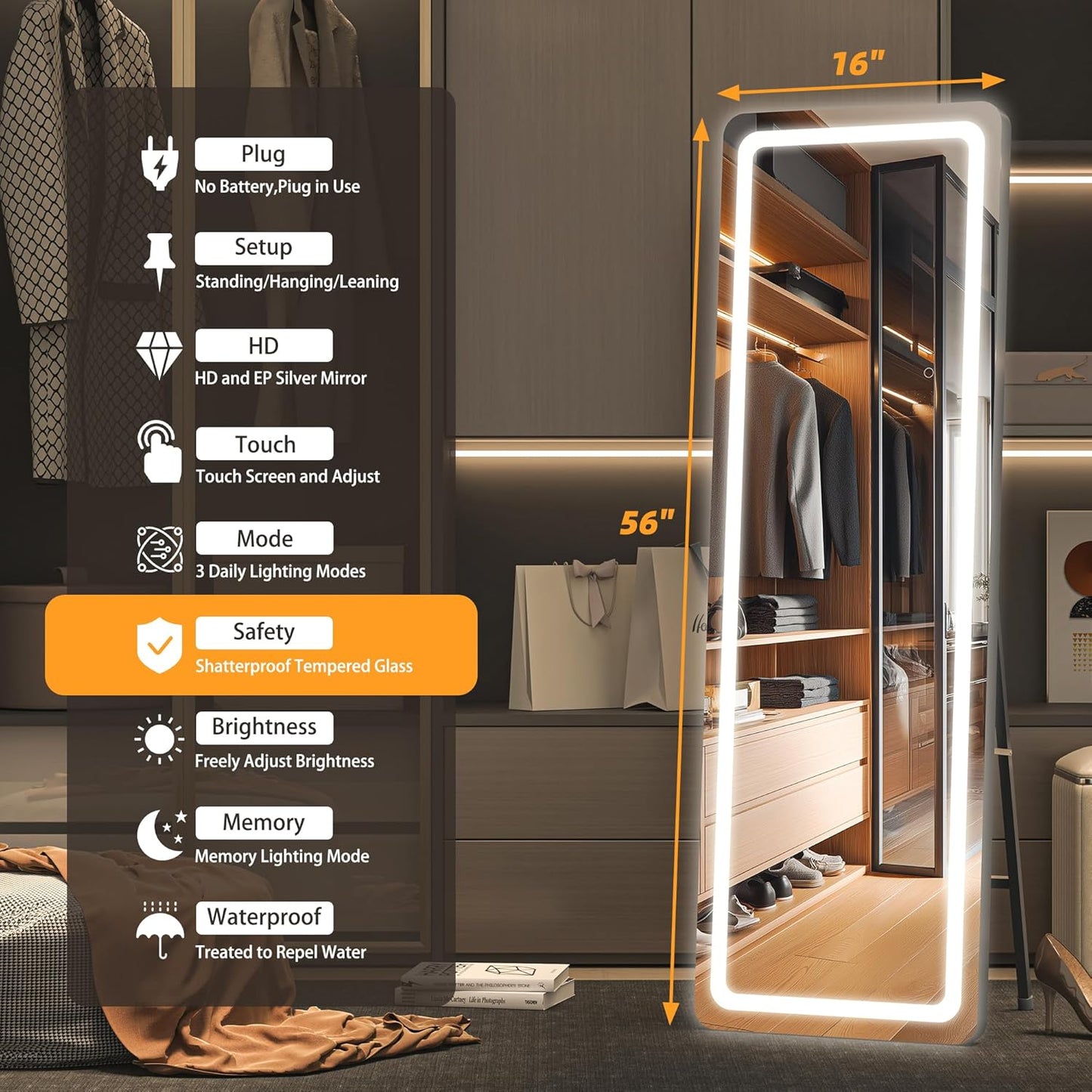 Hasipu Full Length Mirror with Lights, 56" x 16" LED Floor & Wall Mounted, Full Body Dressing Mirror for Bedroom, Living Room, Cloakroom – Round Black