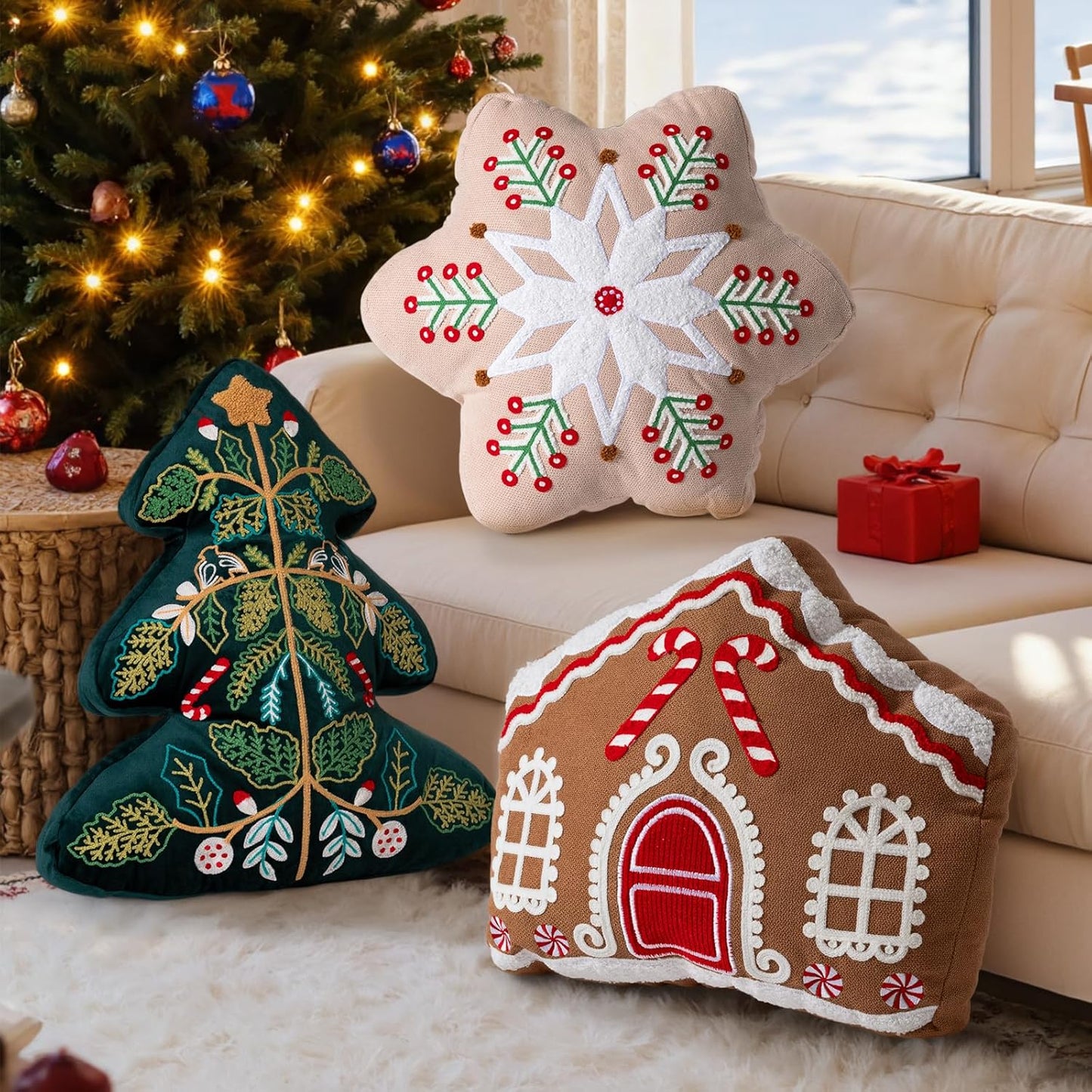 Lanpn Christmas Throw Pillows Set of 3, Christmas Decoration Winter Throw Cushion Snowflake Gingerbread House 3D Shaped Xmas Tree Pillow for Sofa Living Room Bedroom Xmas Decor