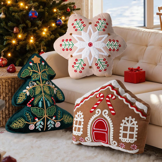 Lanpn Christmas Throw Pillows Set of 3, Christmas Decoration Winter Throw Cushion Snowflake Gingerbread House 3D Shaped Xmas Tree Pillow for Sofa Living Room Bedroom Xmas Decor