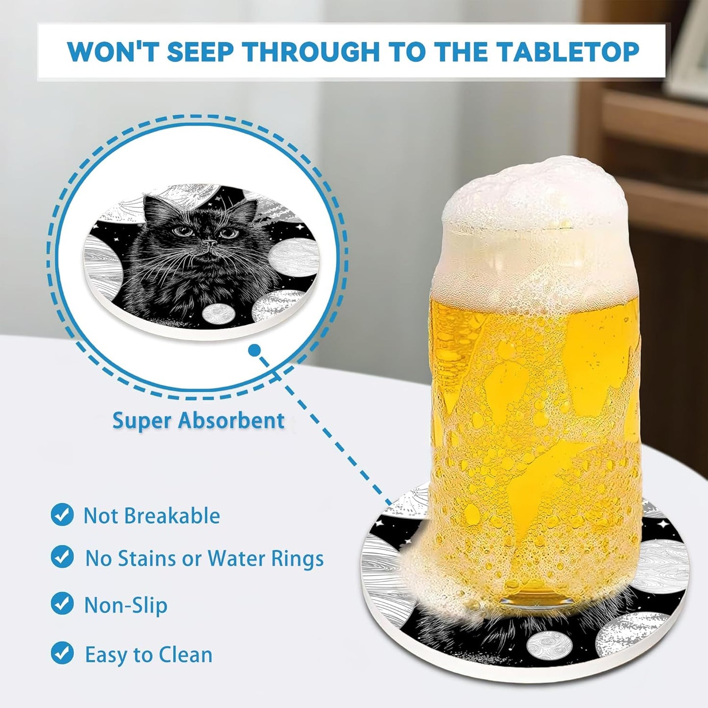 Black Cat Drinks Coasters Set of 4,Ceramic Absorbent Stone Cup Mat with Cork Base,Table Home Decor, Ideal Gifts for Women Men