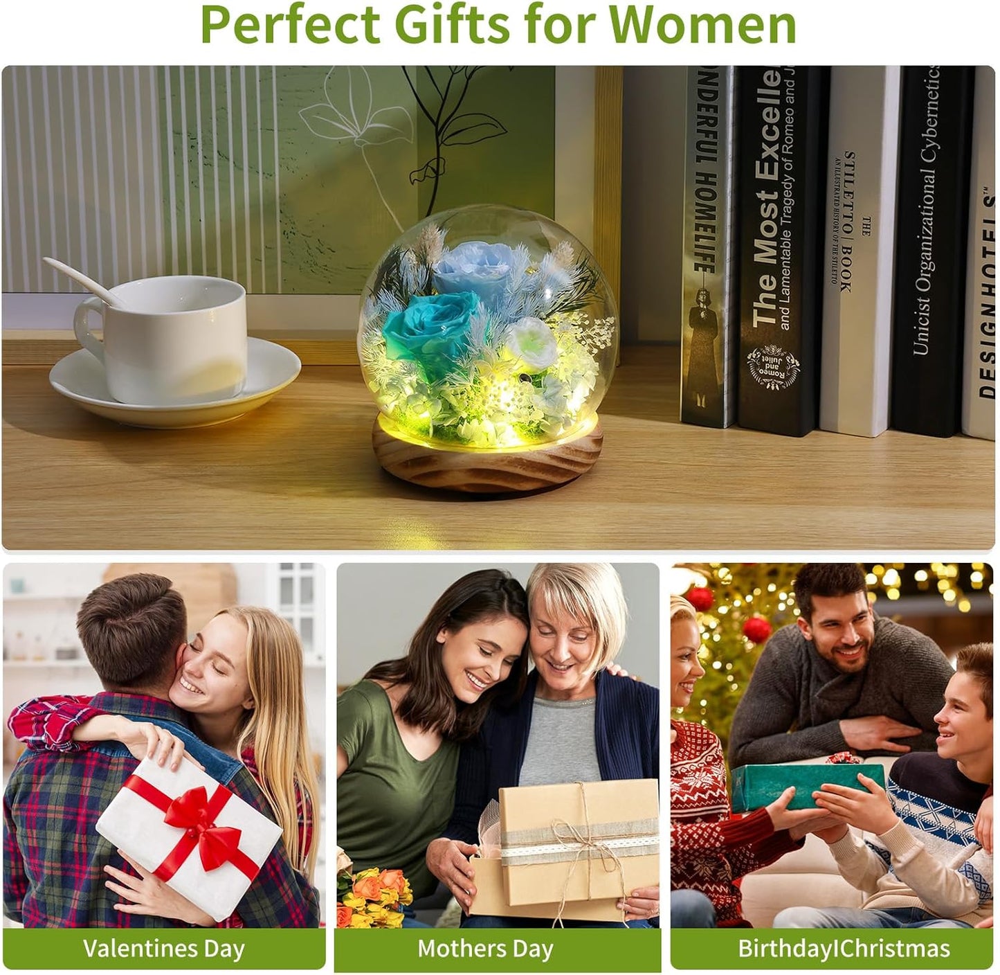 Long-lasting real flowers，Preserved Rose in Glass Dome with Hydrangea and LED Light，Roses Gifts for Women Mom Her Grandma on Mothers Day Birthday Valentines Day Christmas Thanksgiving(Aqua&Blue Rose)