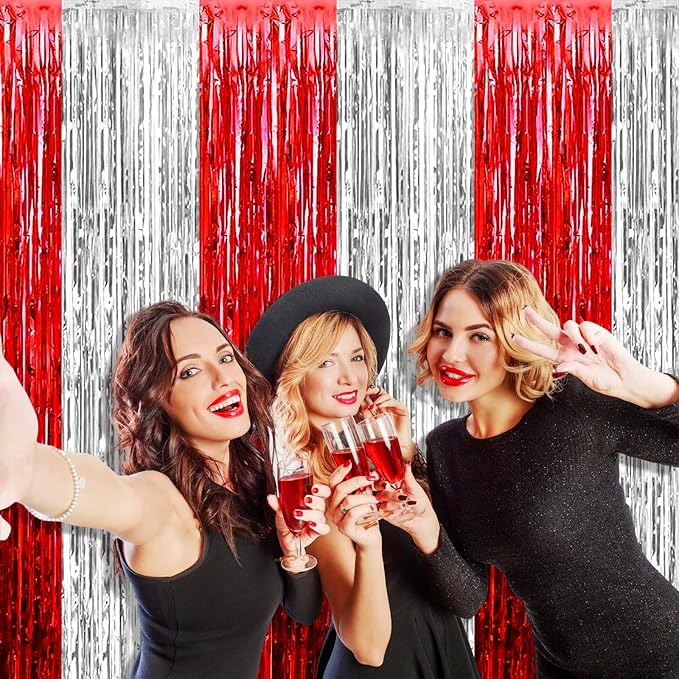 4 Pack Silver Red Foil Fringe Curtain Backdrop, 3.28Ft x 9.8Ft Metallic Tinsel Foil Fringe Streamers Curtains for Photo Booth, Wedding, Circus Welcome Carnival Birthday Party Decoration