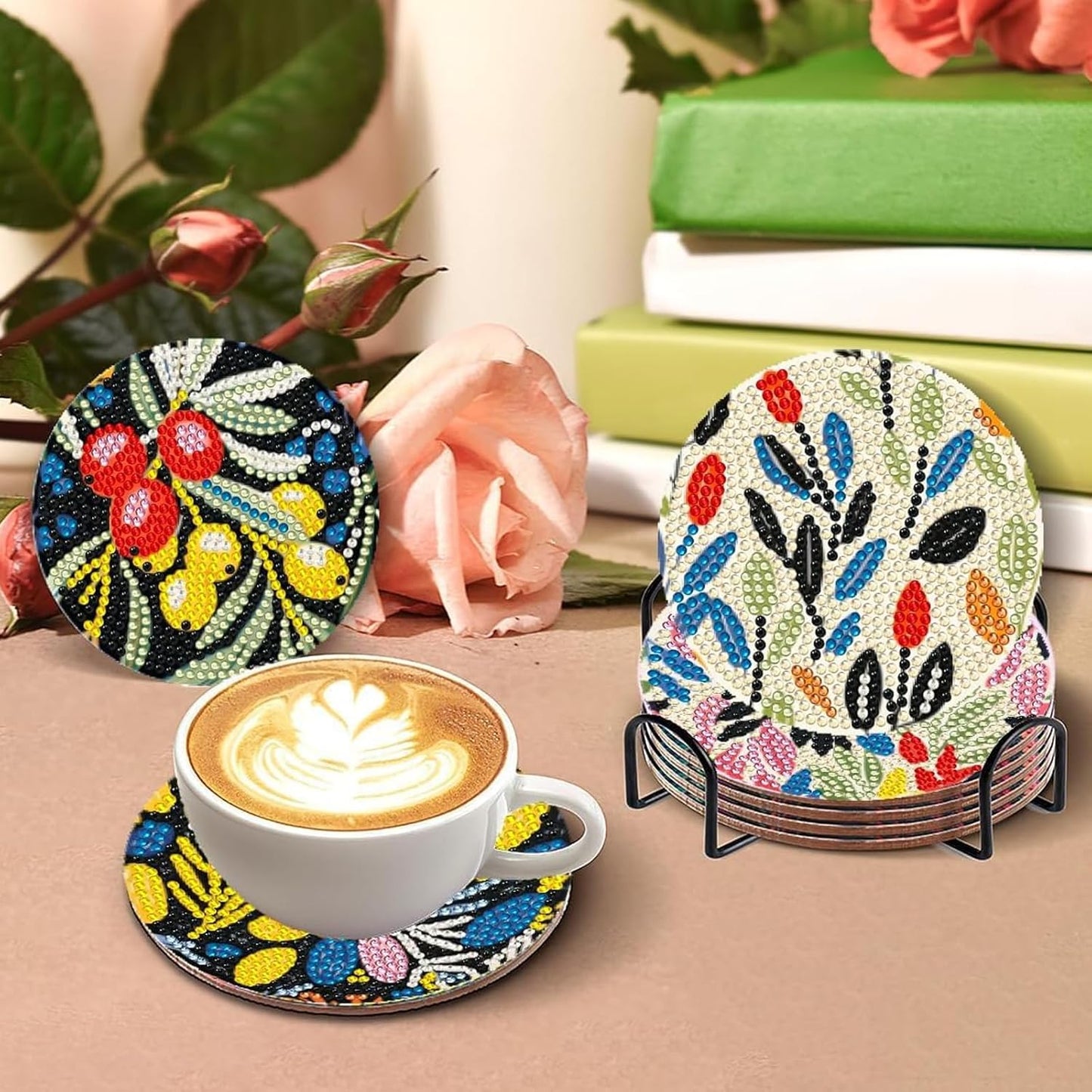 DOTSOPS 8 PCS Diamond Painting Coasters with Holder Diamond Art Coasters with Cork Base for Beginners Adults Craft Supplies Party Flower