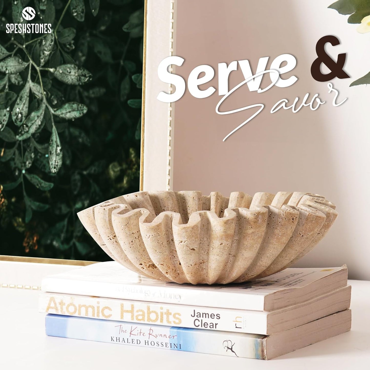 Marble Ruffle Bowl 8 Inch Handmade Travertine Fruit Bowl for Kitchen Counter - Large Decorative Scalloped Bowls for Dining, Coffee Table Centerpieces & Home Decor