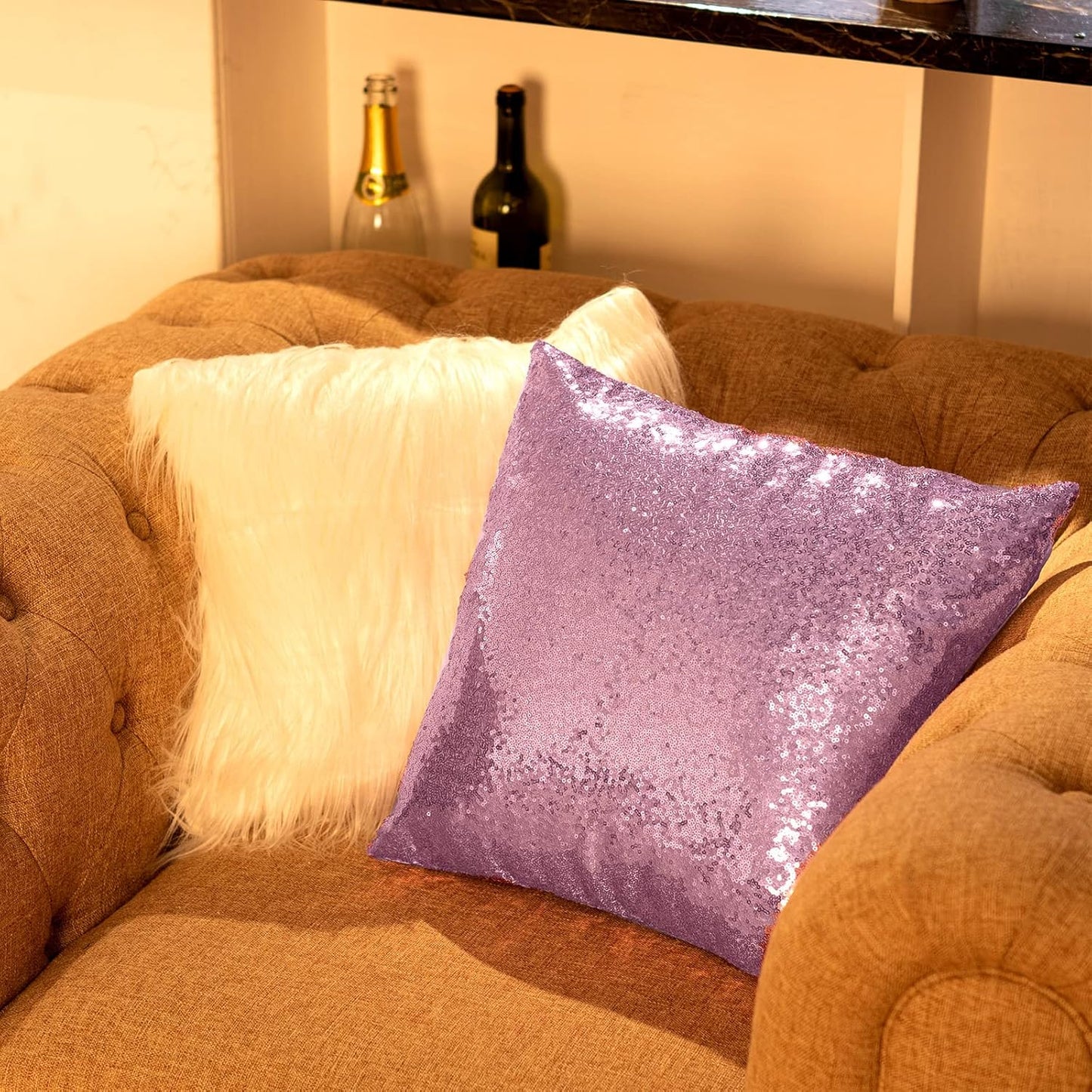 Irenare 4 Pcs Sequin and Fluffy Pillow Covers Winter Throw Pillow Cases Soft Cushion Cover for Couch Bed Sofa Xmas Day(18 x 18 Inch,Purple, White,)
