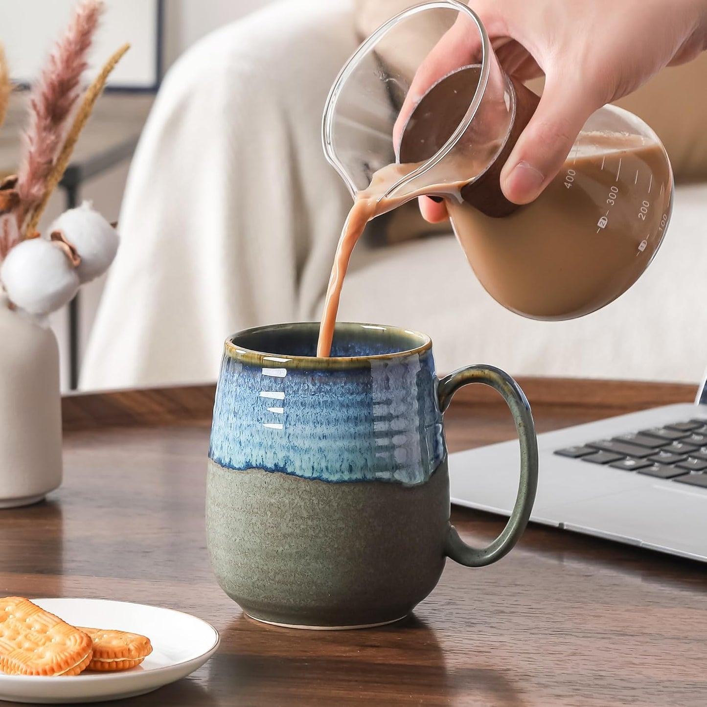 Large Coffee Mugs, Extra Large Ceramic Coffee Mug, 23 oz Handmade Pottery Mug, Big Tea Cups with Handle for Office and Home, Dishwasher and Microwave Safe (Blue Grey)