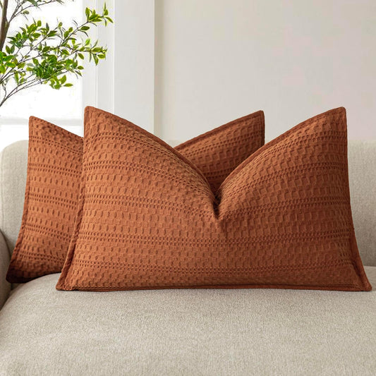 Foindtower Set of 2 Decorative Cotton Waffle Weave Lumbar Throw Pillow Covers Euro Shams Cushion Covers Accent European Pillowcase for Bed Couch Bedroom Living Room Home Decor 12×20 Inch Burnt Orange