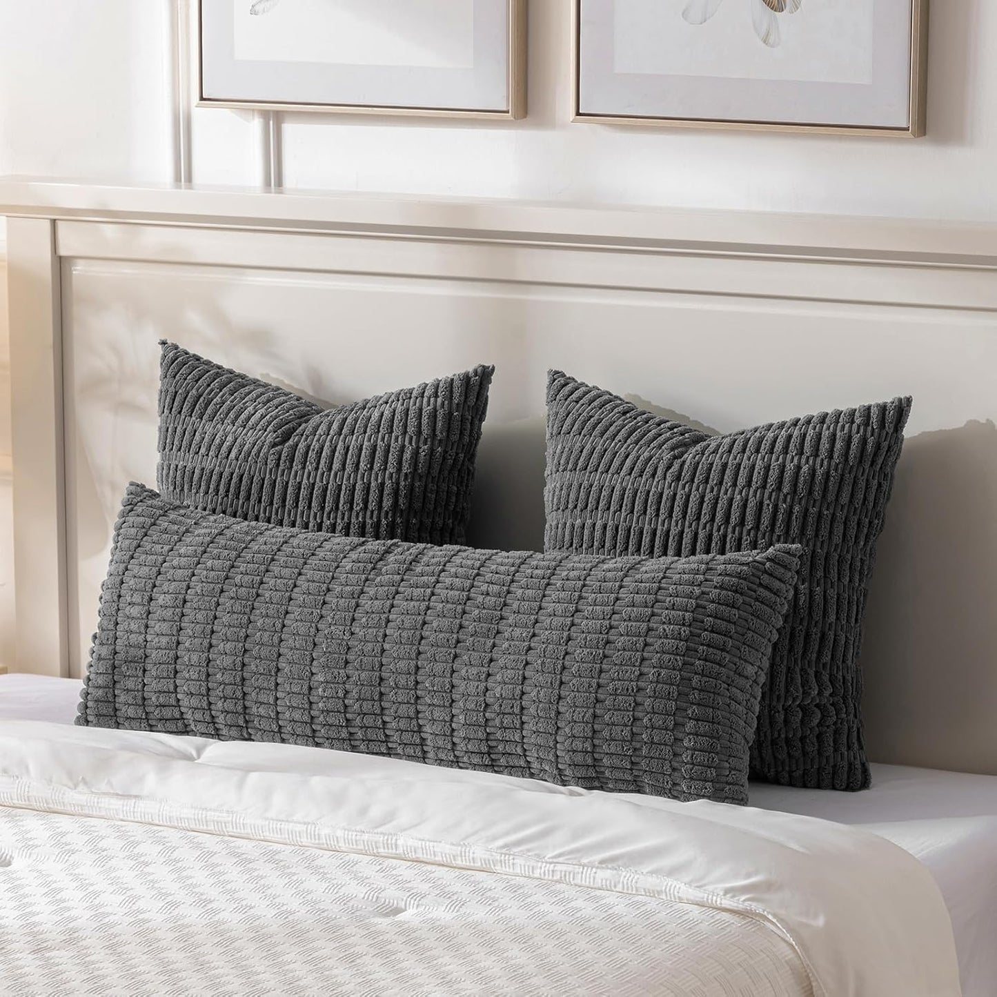 Fancy Homi Dark Grey Long Body Lumbar Decorative Throw Pillow Covers 20x54 Inch for Bed Couch Bedroom Bench, Soft Corduroy Rectangle Solid Pillow Case, Rustic Farmhouse Boho Room Decor