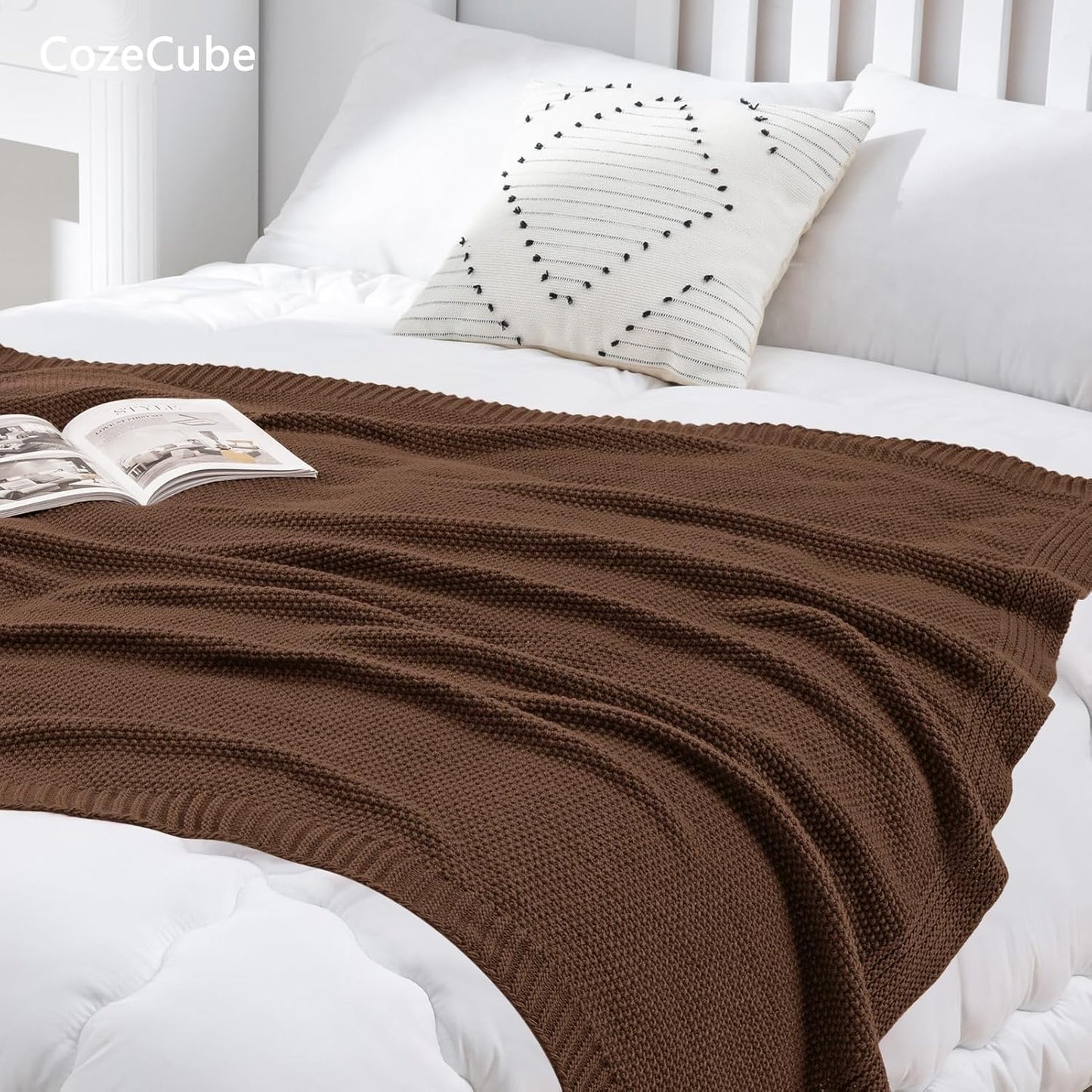 CozeCube Brown Throw Blanket for Couch, Soft Cozy Cable Knit Throw for Bed Sofa Living Room, Lightweight Warm Decorative Farmhouse Christmas Blanket, 50"x60", Dark Brown