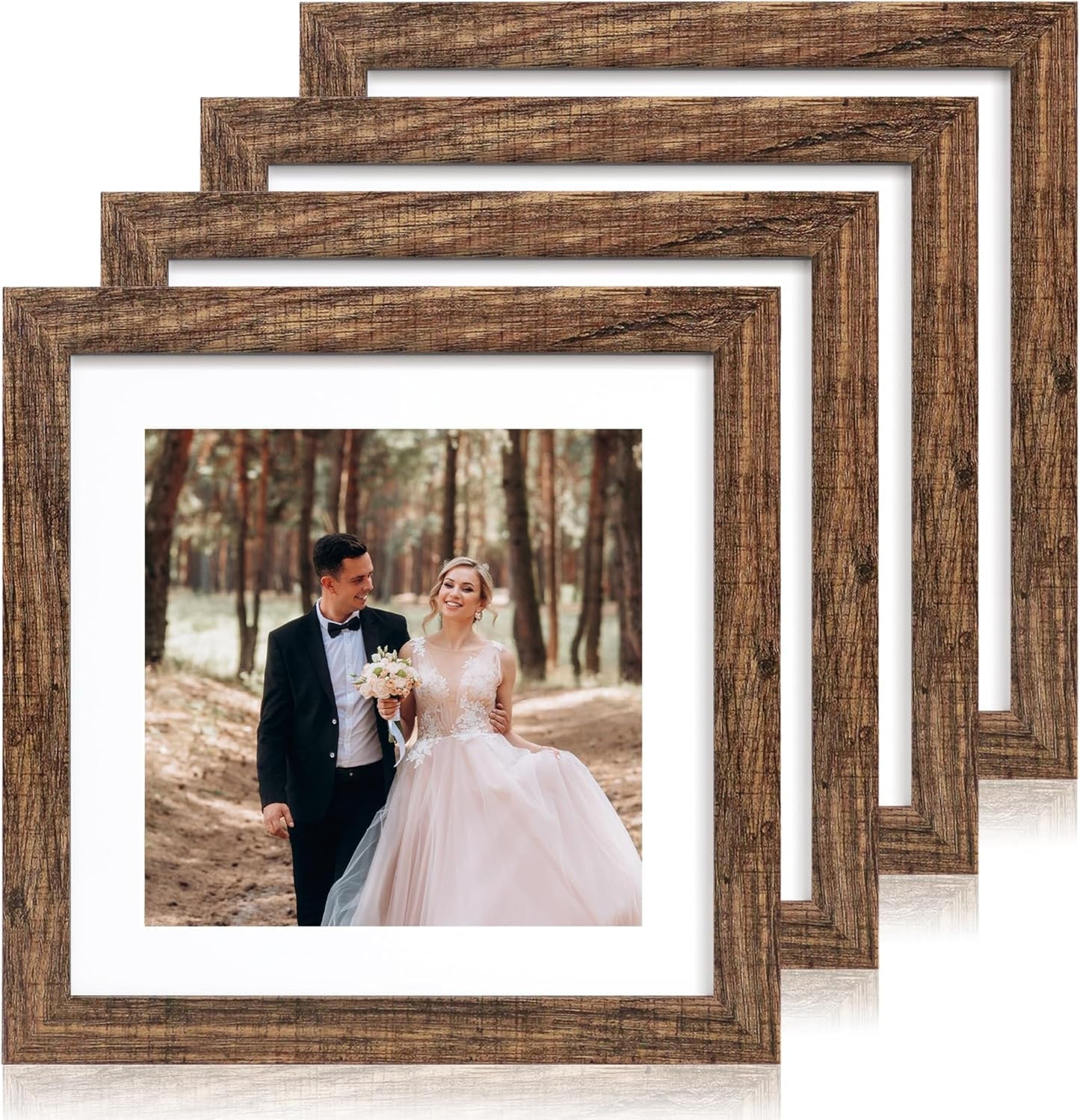 iRahmen 10x10 Picture Frame Set of 4 with Real Glass, Rustic Frames Display 8x8 Picture with Mat or 10 x 10 Without Mat, Wooden Square Photo Frame for Wall Mount and Tabletop Display