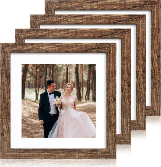 iRahmen 10x10 Picture Frame Set of 4 with Real Glass, Rustic Frames Display 8x8 Picture with Mat or 10 x 10 Without Mat, Wooden Square Photo Frame for Wall Mount and Tabletop Display