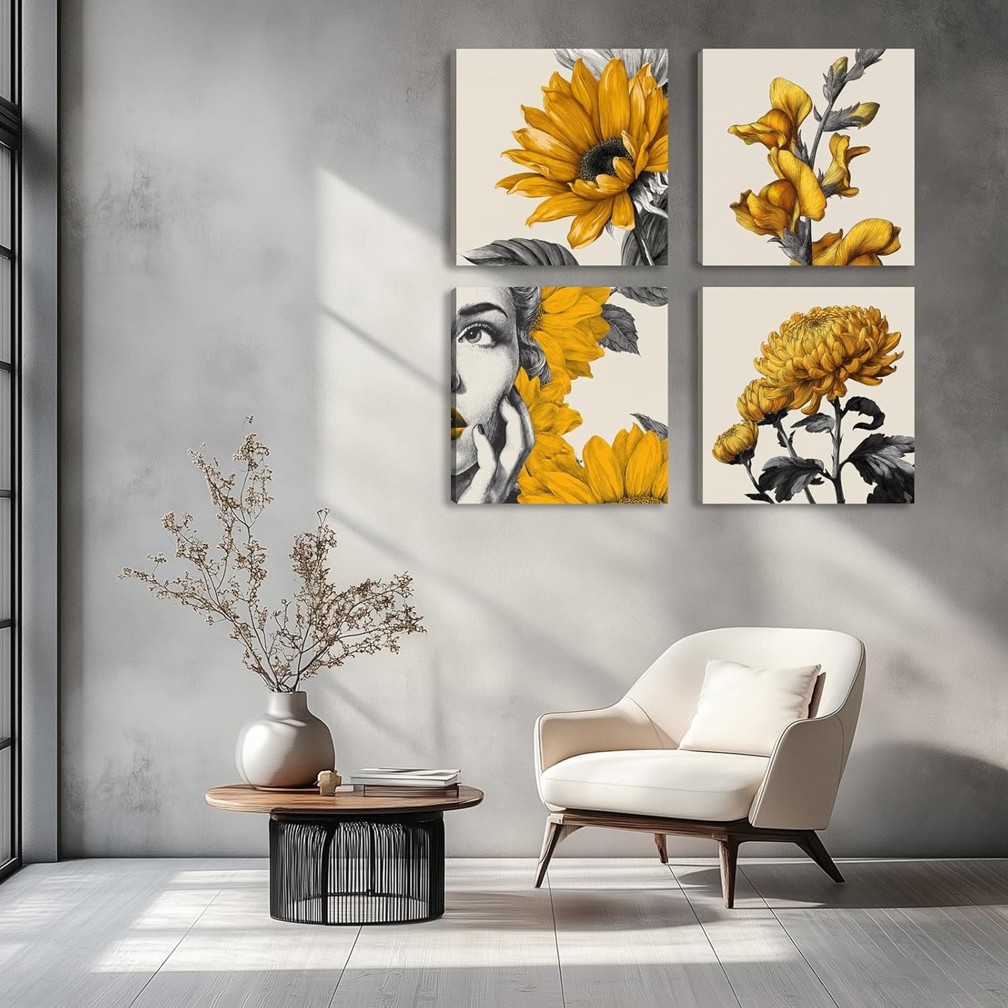 Framed Botanical Wall Art for Living Room Rustic Boho Yellow Flower Canvas Paintings Minimalist Floral Prints for Bedroom Dining Room Hallway Bathroom Office Wall Decor Artwork for Wall