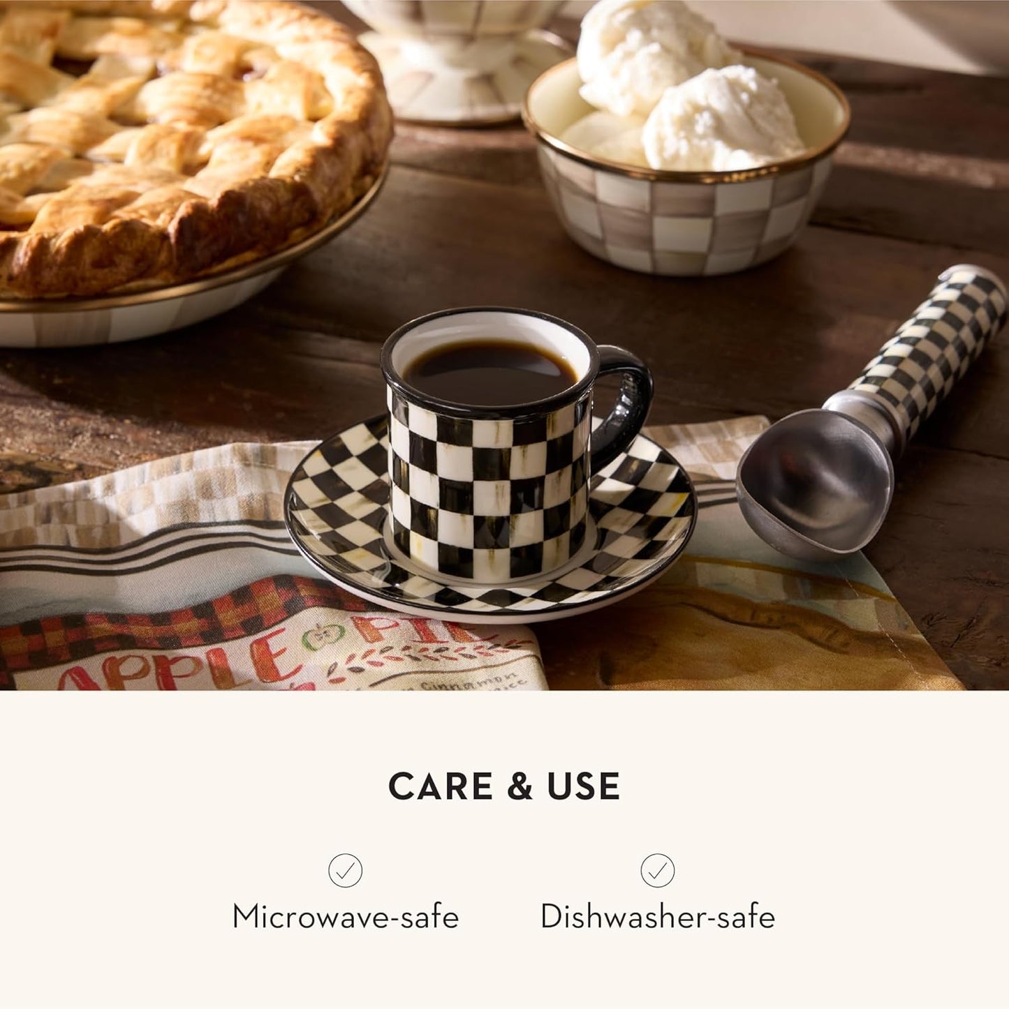 MACKENZIE-CHILDS Set of 2 Stoneware Espresso Cup and Saucer, Cute Coffee Cups, Black-and-White Courtly Check