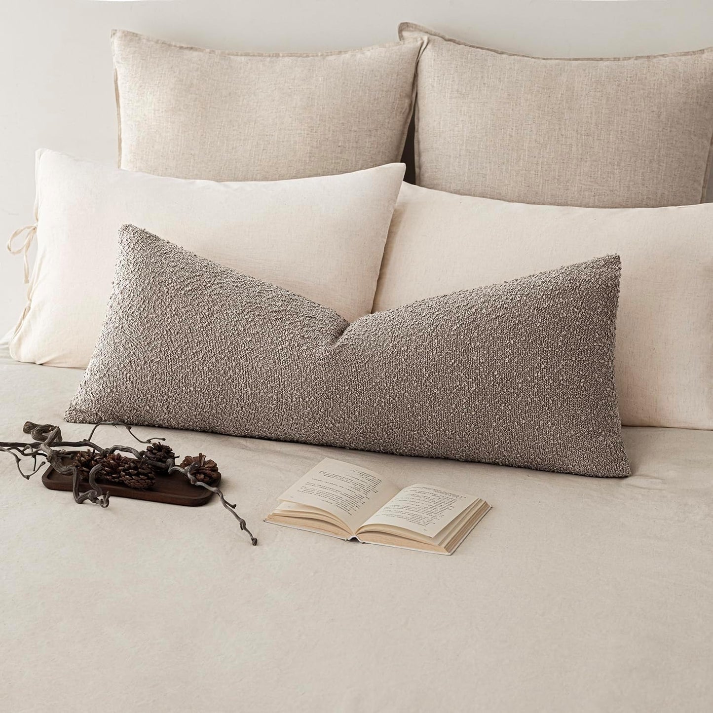 Foindtower Decorative Textured Boucle Throw Pillow Covers Accent Solid Pillow Cases Neutral Long Body Lumbar Couch Cushion Case for Chair Sofa Bedroom Living Room Home Decor 14x36 Inch,1PC,Light Taupe