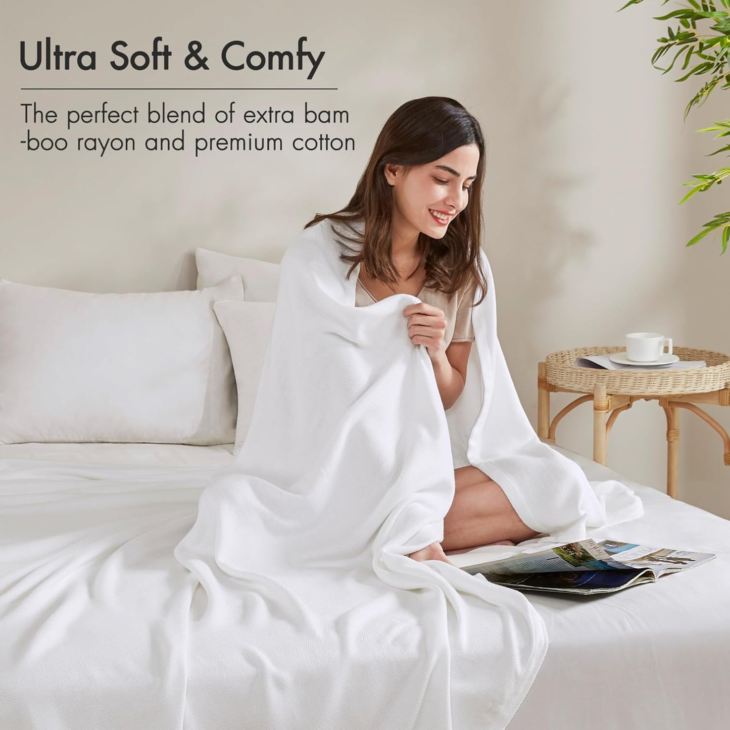 Madison Park Queen Size Blanket, 70% Rayon Bamboo-Based, 30% Cotton, Breathable for Hot Sleepers Menopause, Ultra Soft and Snag-Resistant, Summer Blanket for Bed or Couch, Queen 90"x90", White