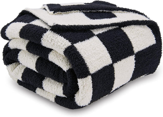 CozeCube Super Soft Fullfy Microfiber Reversible Knitted Blankets, Warm Cozy Fuzzy Plush Throw, Black and White Checkered Throw Blanket for Couch Bed Sofa, 60" x 80"