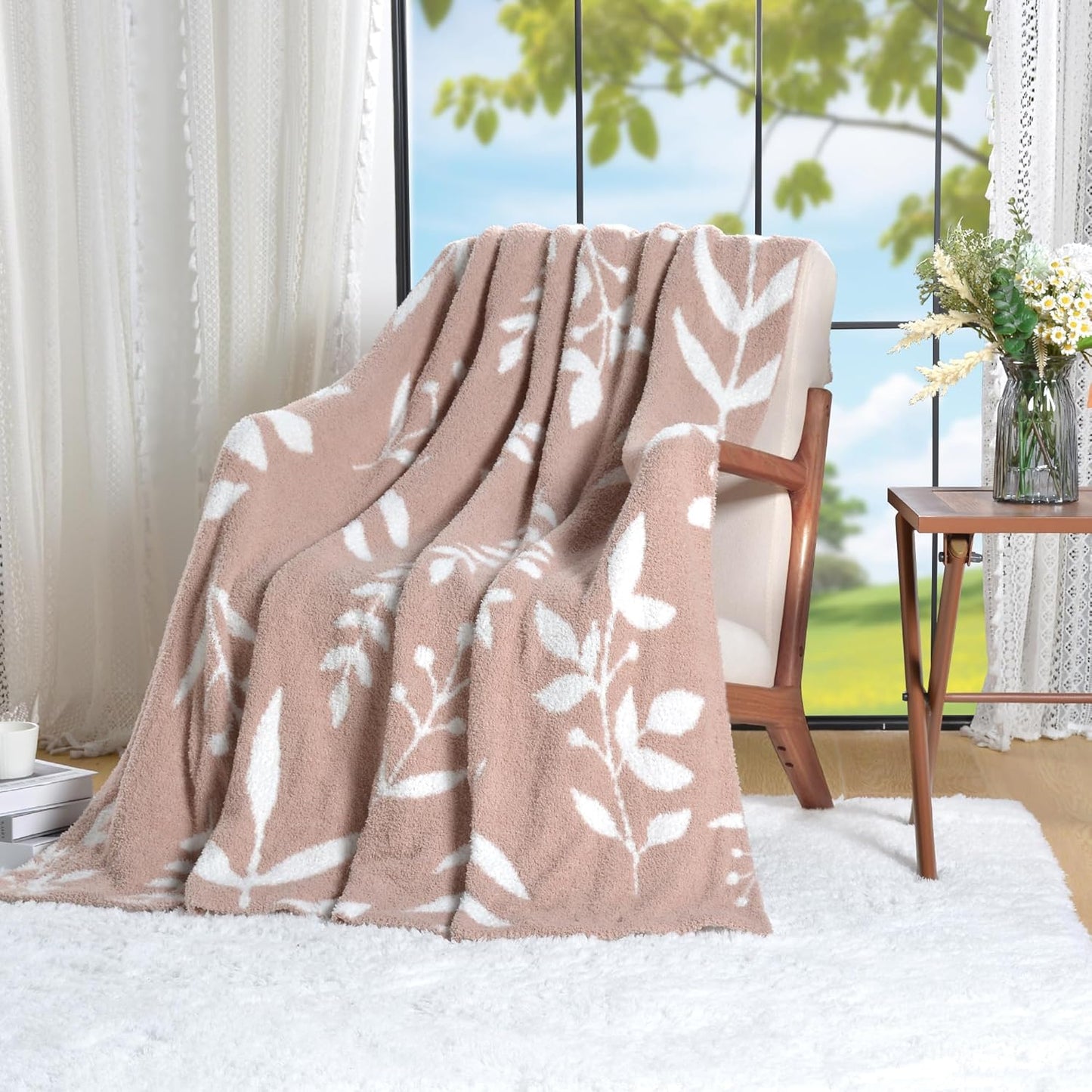 Leaf Pattern Throw Blanket Soft Cozy Spring Blanket for Bed, Couch, Sofa Lightweight Breathable Stylish Seasonal Home Decor Blanket Dusty Rose 50x60 Inches
