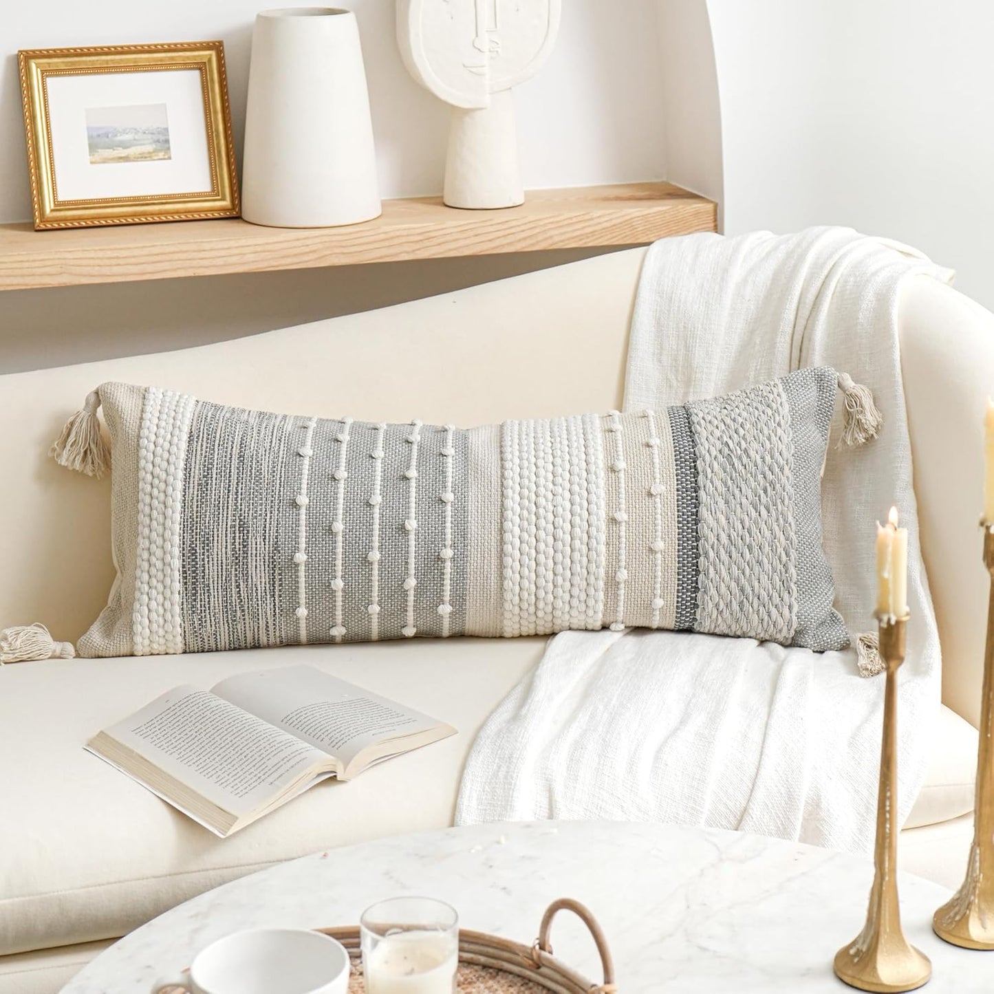 BlissBlush Gray Boho Lumbar Throw Pillow Cover 14x36 Grey Accent Long Body Lumbar Pillow for Bed Decorative Modern Bohemian Woven Textured Lumbar Pillow for Bed Cover ONLY