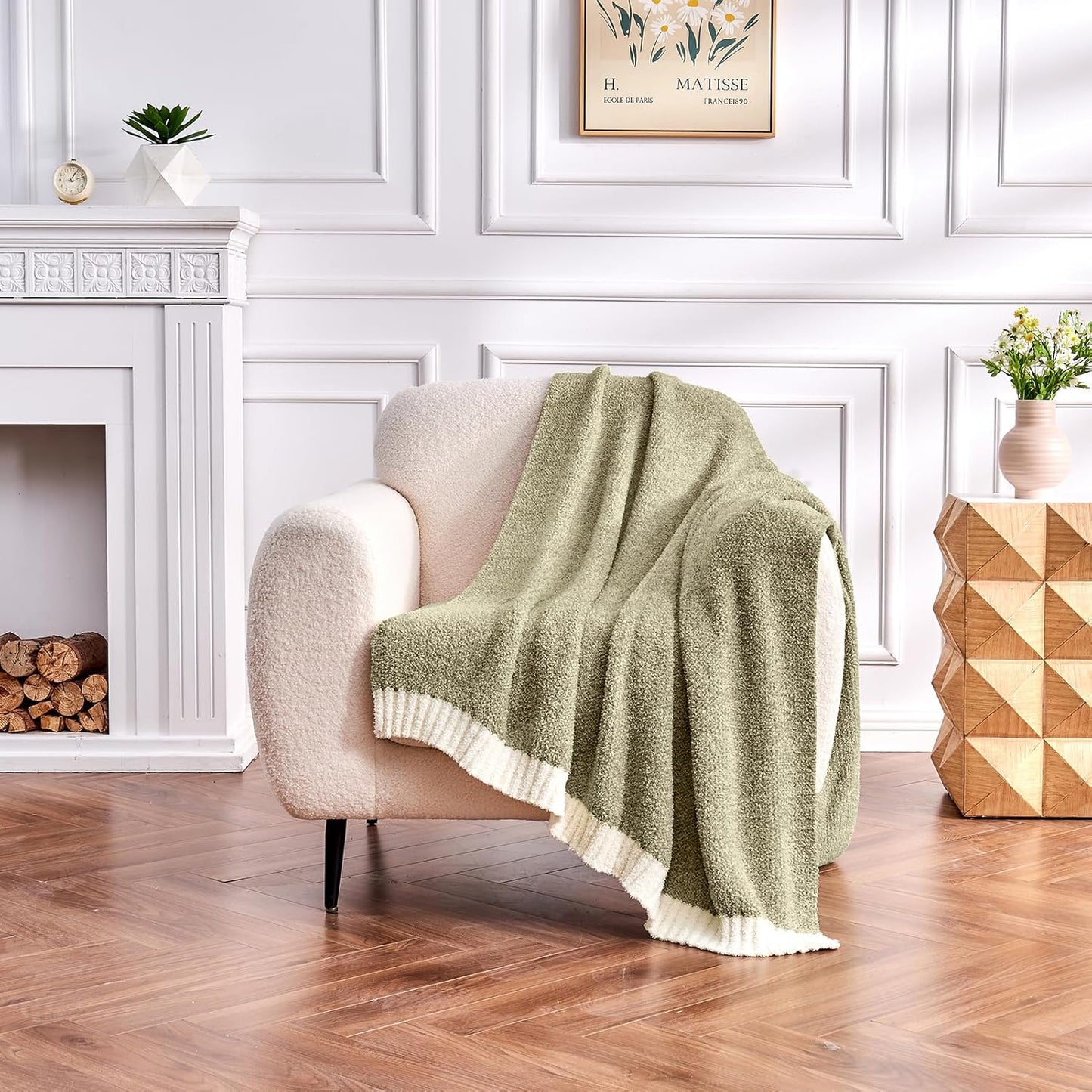 CozeCube Super Soft Fullfy Microfiber Reversible Knitted Blankets, Warm Cozy Fuzzy Plush Throw, Olive Green and White Melange Throw Blanket for Couch Bed Sofa, 60" x 80"