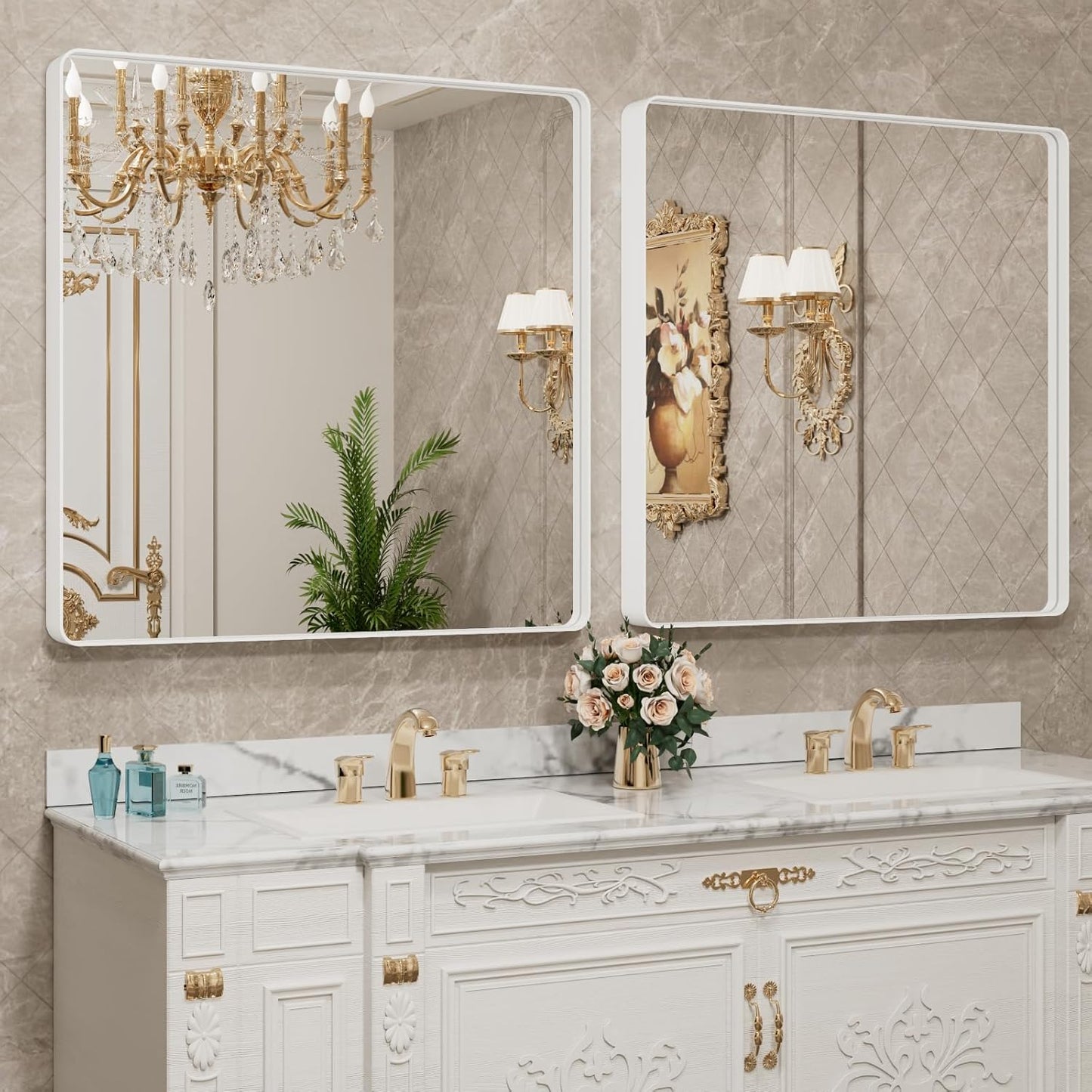 LOAAO 36x36 Inch White Metal Framed Bathroom Mirror for Wall, White Bathroom Vanity Mirror Farmhouse, Large Rounded Rectangle Mirror, Anti-Rust, Tempered Glass, Hangs Horizontally or Vertically