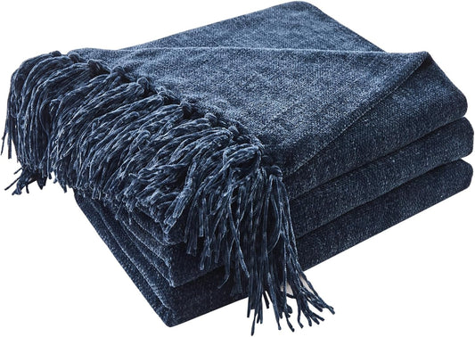 CozeCube Chenille Throw Blanket for Couch, Cozy Plush Fuzzy Decorative Navy Blue Blanket with Fringe Tassels, Lightweight Throws for Bed Sofa Gift Home Decor, 60"X80"