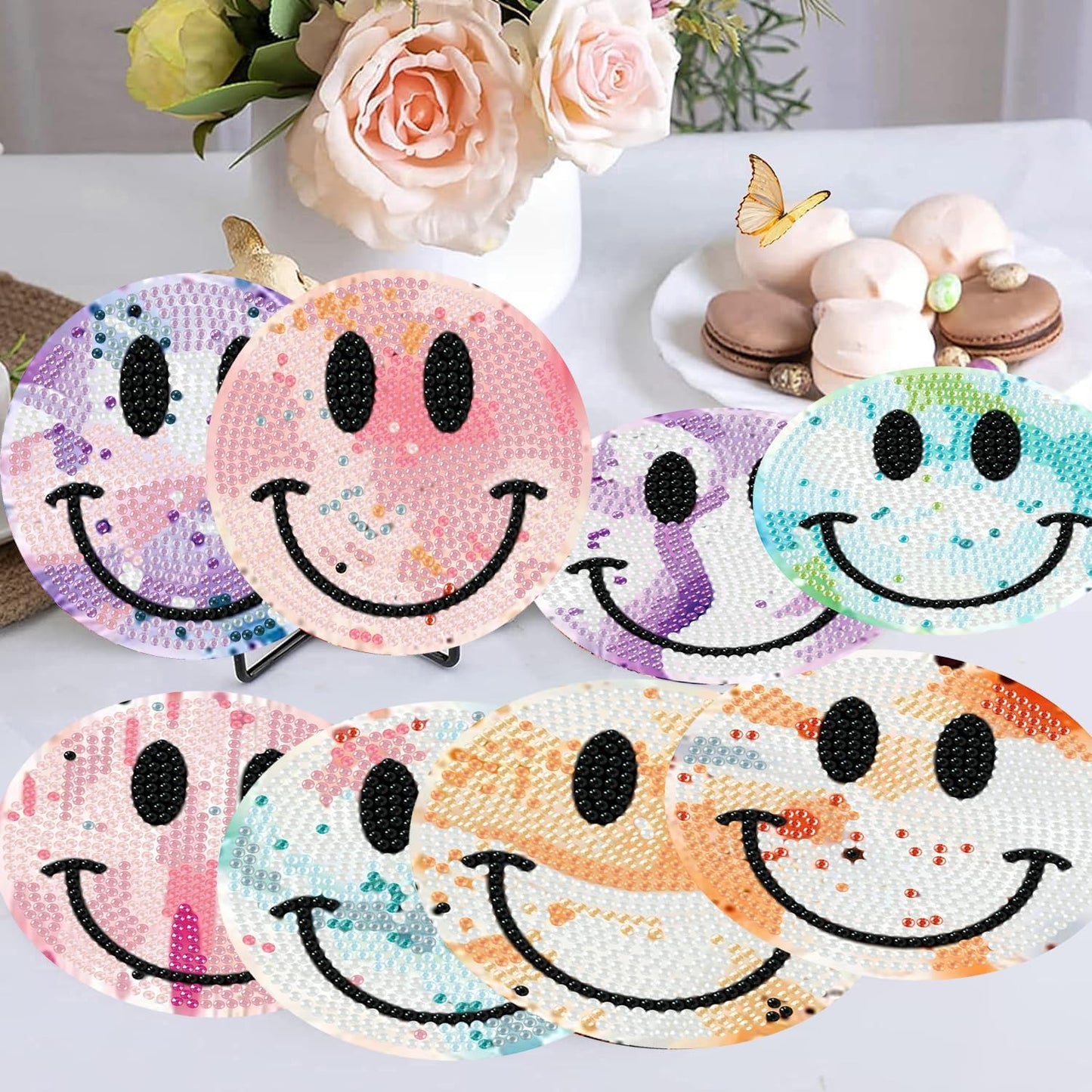 Meothan 8 Pcs Diamond Art Coasters Kits for Adults with Holder Cork Pads, Smile Face Diamond Dots Art Painting Coasters Crafts Kit for Home Office Decor (4x4in)