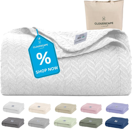 Herringbone Cotton Twin Blanket for Couch, Bed,Sofa, Home Decor, Soft, Lightweight, All-Season Bed Blanket, 68 x92, White