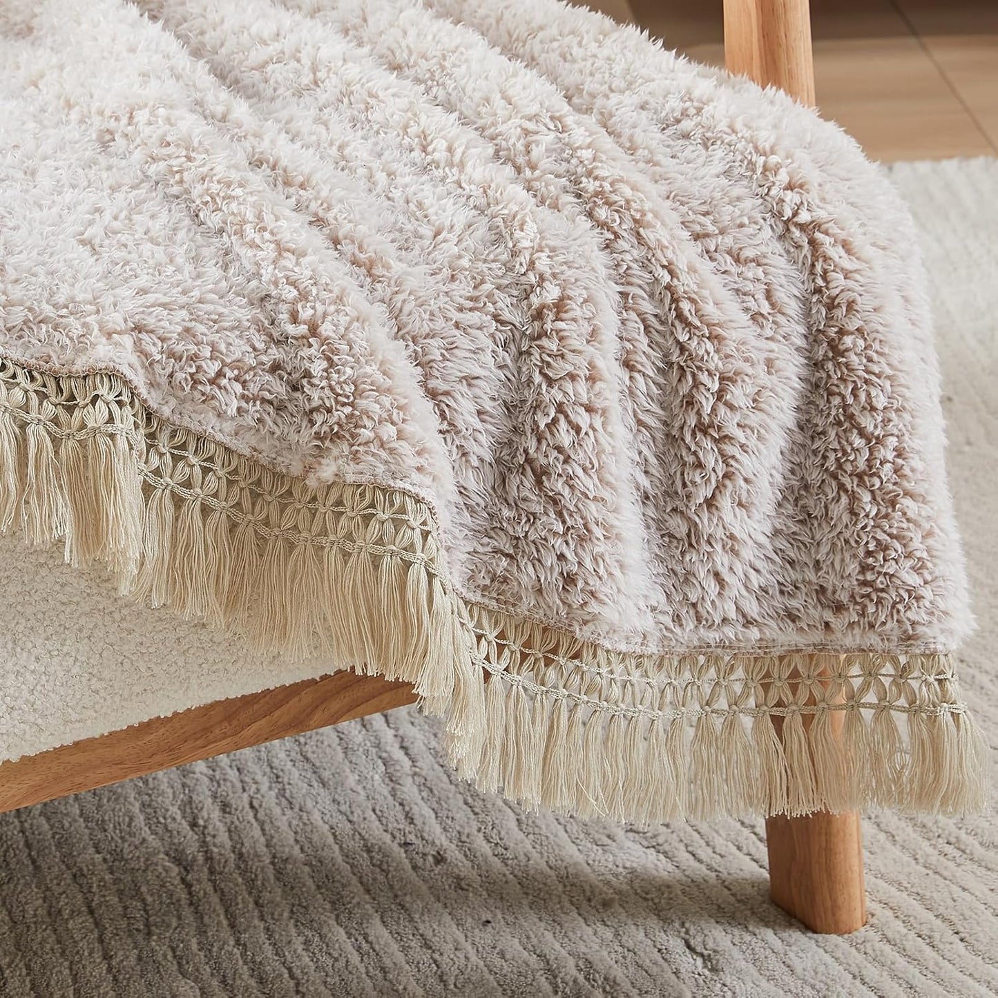 EMME Soft Sherpa Fleece Blanket with Tassel, Reversible Plush Fluffy Large Blanket, Light Weight Warm Decorative Boho Blanket Cover for Sofa, Couch, Bedroom,Travel(Tassel Khaki,50"x60")