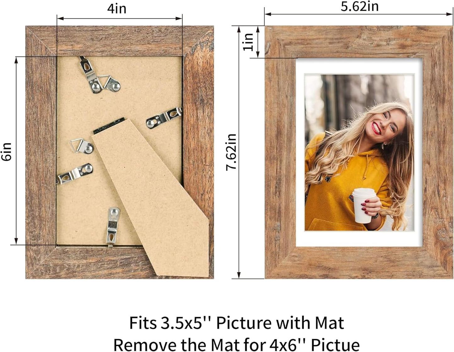 iRahmen 4x6 Picture Frame Set of 2, Wood Rustic Brown Frame with High Definition Glass, Display Pictures 3.5x5 with Mat or 4 x 6 without Mat for Tabletop Display and Wall Mounting
