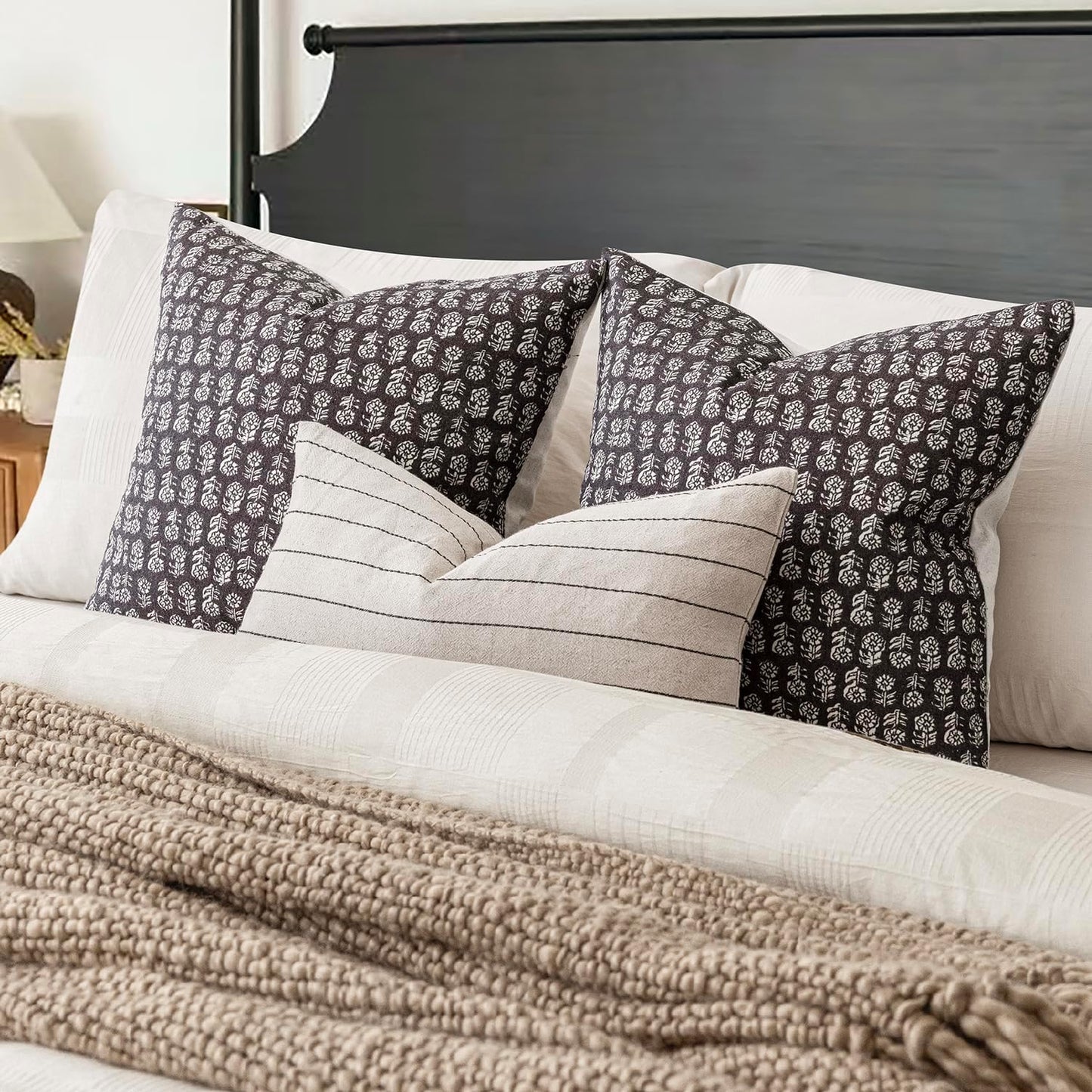 Foindtower Set of 2 Decorative Vintage Floral Print Throw Pillow Covers Neutral Modern Farmhouse Cushion Covers Boho Home Decor for Sofa Couch Chair Bedroom Living Room,20×20 Inch,Black