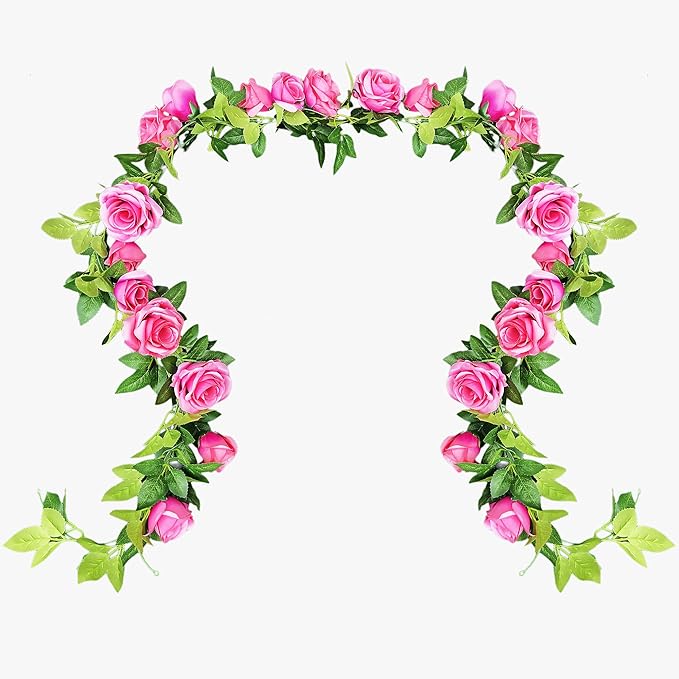 UKELER 2 Pack Artificial Rose Vines Silk Flower Garland Artificial Floral Plant for Wedding Arch Party Garden Craft Home Decor, Dark Pink