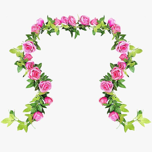 UKELER 2 Pack Artificial Rose Vines Silk Flower Garland Artificial Floral Plant for Wedding Arch Party Garden Craft Home Decor, Dark Pink
