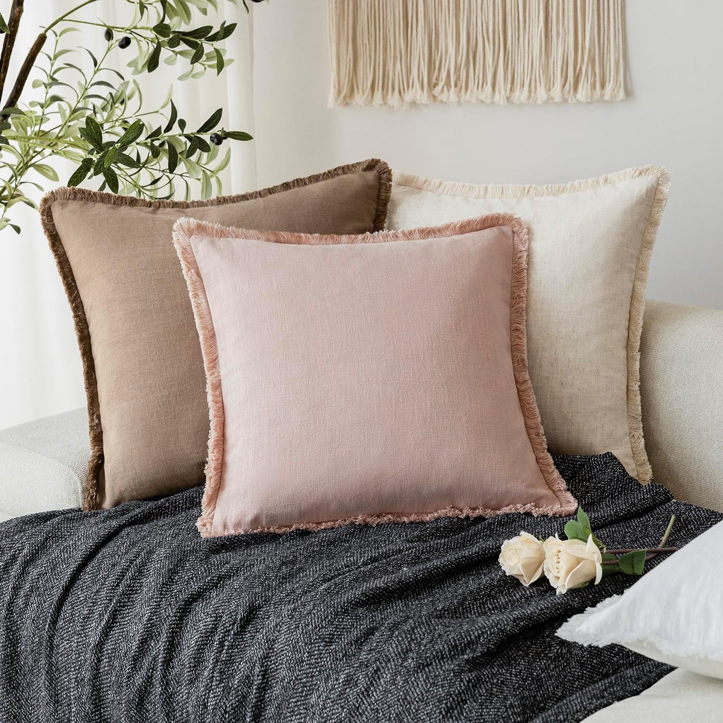 Foindtower Decorative Linen Fringe Throw Pillow Covers Cozy Boho Farmhouse Cushion Cover with Tassels Soft Accent Pillowcase for Chair Sofa Bed Living Room Home Decor, 24×24 Inch, 1PC,Light Pink