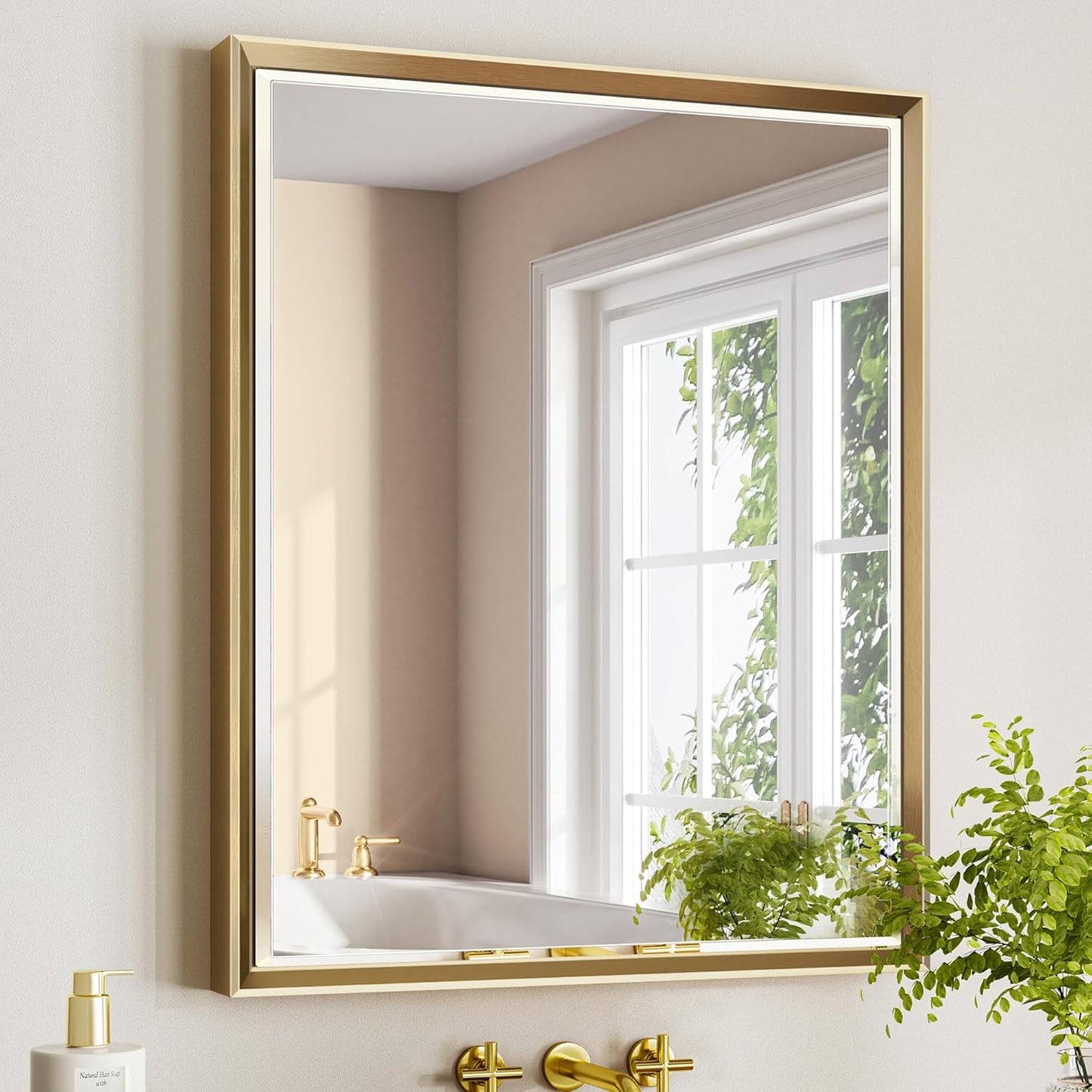 Gold Bathroom Mirror, 30x36 Brushed Gold Bathroom Mirror Beveled Edge, Gold Framed Rectangle Bathroom Vanity Mirror, Anti-Rust Brushed Brass Metal Frame Wall Mirror Vertical/Horizontal