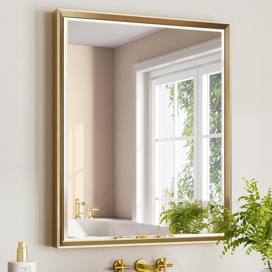 Gold Bathroom Mirror, 30x36 Brushed Gold Bathroom Mirror Beveled Edge, Gold Framed Rectangle Bathroom Vanity Mirror, Anti-Rust Brushed Brass Metal Frame Wall Mirror Vertical/Horizontal