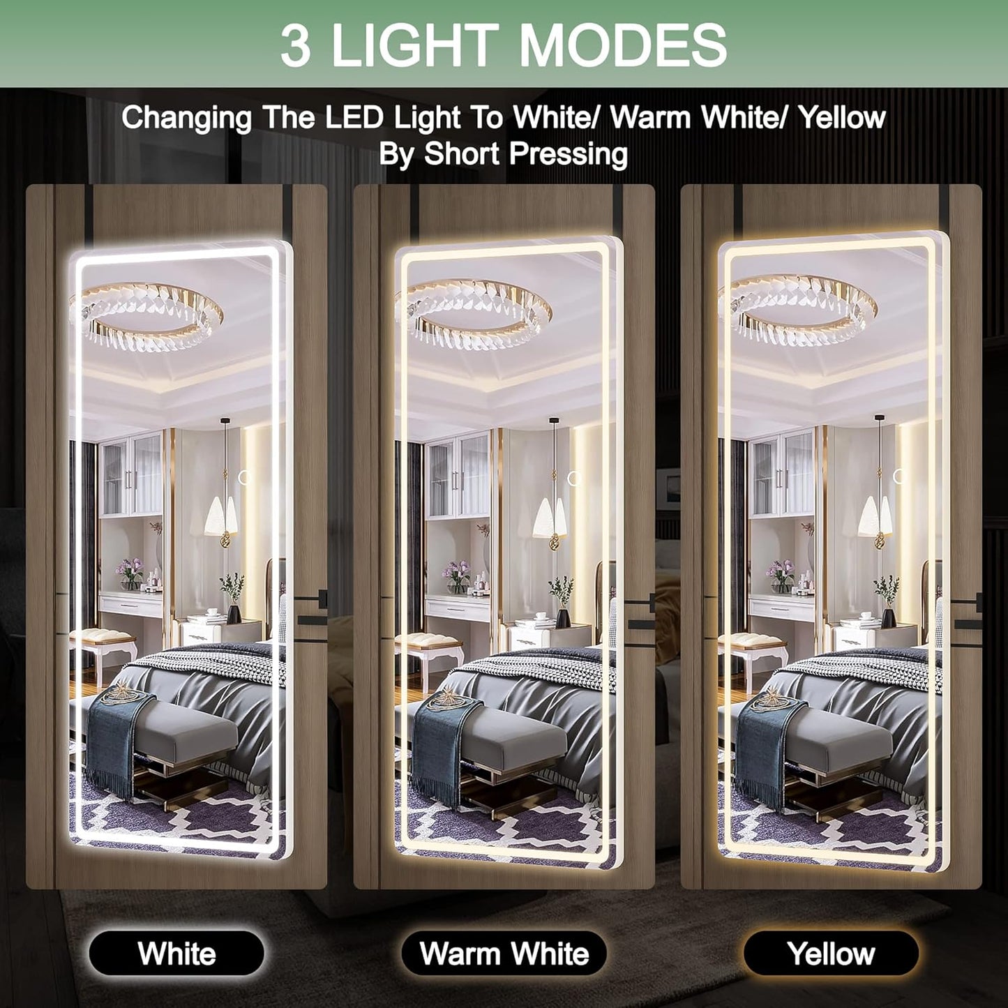 Hasipu Full Length Over The Door Mirror with Lights for Bedroom, Living Room, Cloakroom, White