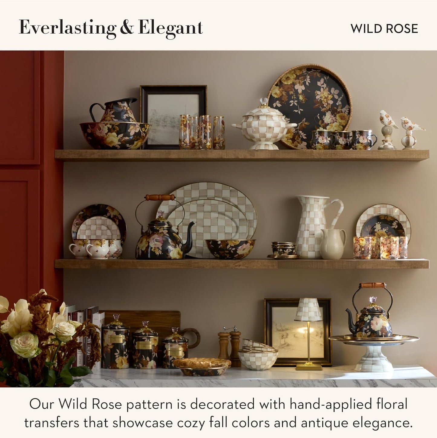 MACKENZIE-CHILDS Enamel Mug, Cute Enamelware Tea or Coffee Mug, Wild Rose Brown