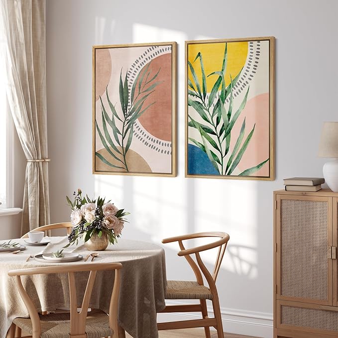 SIGNFORD Framed Canvas Print Wall Art Set Geometric Mid-Century Circle Plants Abstract Shapes Illustrations Modern Art Decorative Zen Bohemian for Living Room, Bedroom, Office - 24"x36"x2 Natural