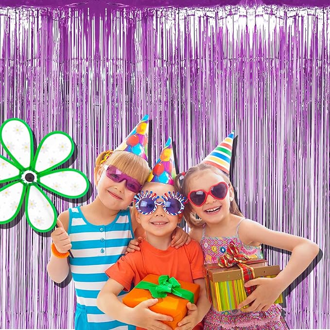 4 Pack Light Purple Foil Fringe Curtain Backdrop, 3.28Ft x 9.84Ft Metallic Tinsel Streamers Curtains for Party, Photo Booth Props, Birthday, 2022 Graduation Decoration Supplies