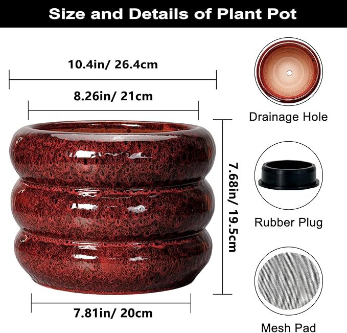 SQOWL 10 Inch Plant Pots - Ceramic Planter for Indoor Plants, Ceramic Plant Pot with Drainage Hole, Bubble Round Flower Pots Outdoor, Home Office Living Room Decor, Gifts for Plant Lover, Red