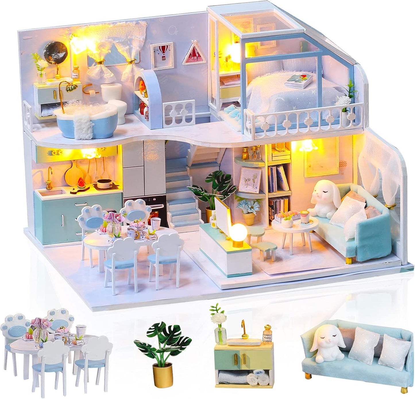 GuDoQi DIY Miniature Dollhouse Kit, Tiny House kit with Furniture, Miniature House Kit 1:24 Scale, Great Gift for Birthday Christmas Day, Beautiful Blue Room