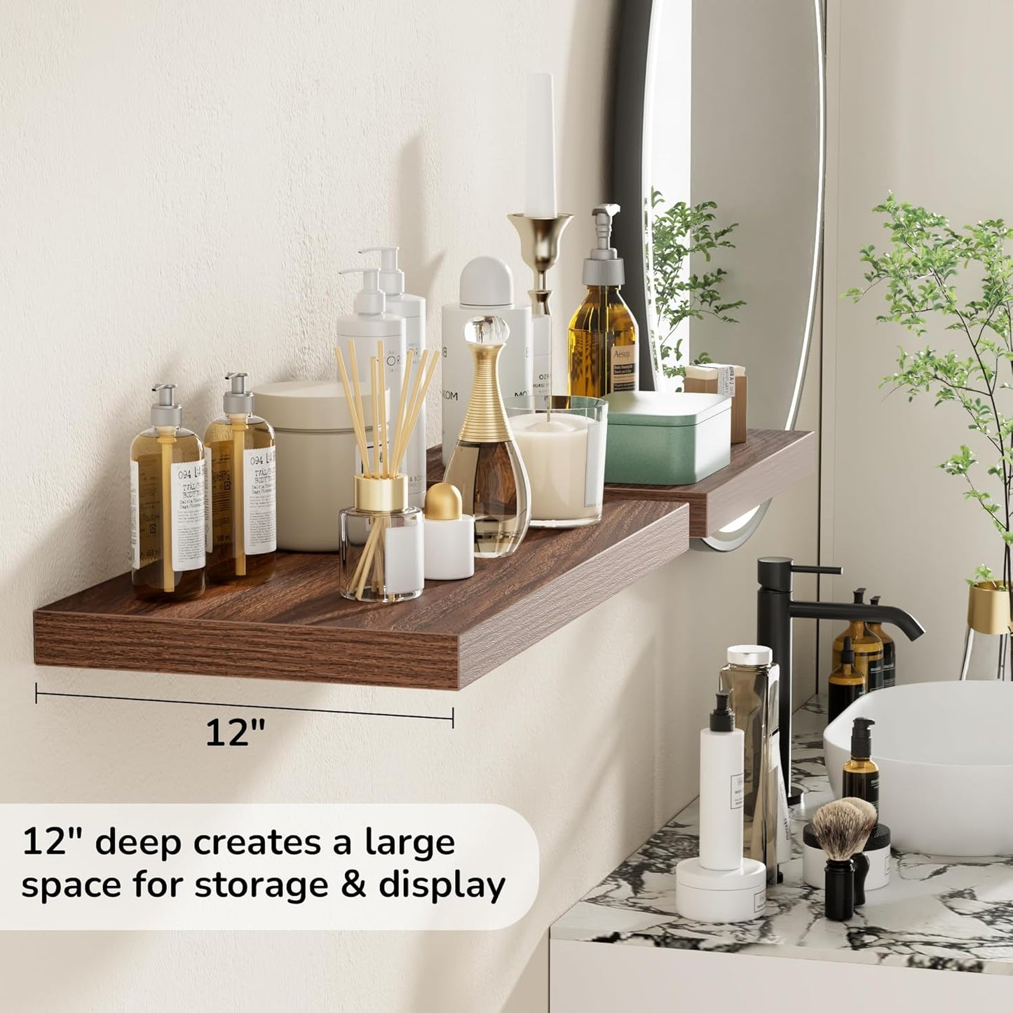 Fun Memories Floating Shelves - 2 Pack 12 Inch Deep Rustic Wooden Wall Shelves - Extra Deeper & Thicker Wall Mounted Storage Shelf for Living Room, Kitchen, Farmhouse - 24" W x 12" D x 1.5" H - Walnut