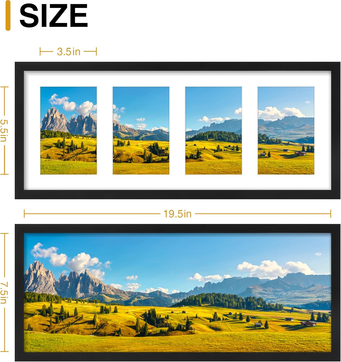 decorUhome 8x20 Picture Frames Collage Wall Decor, Display 4Pcs 4x6 Photos with Mat or 1Pcs 8x20 Unmatted, 4 4x6 Collage Picture Frames for Wall Mounting, Black