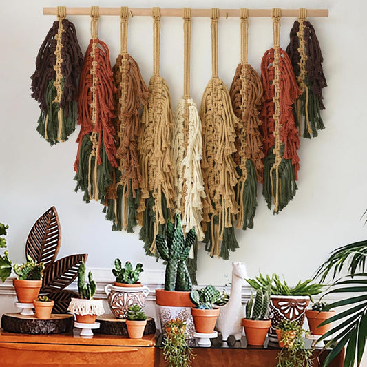 Macrame Wall Hanging with Handmade Woven Leaves Boho Feather Tapestry for Modern Apartment, Chic Dorm Decor, Cozy Bedroom or Nursery Wall Art, Leaf Wall Decor for Living Room Backdrop27" Wx26" L