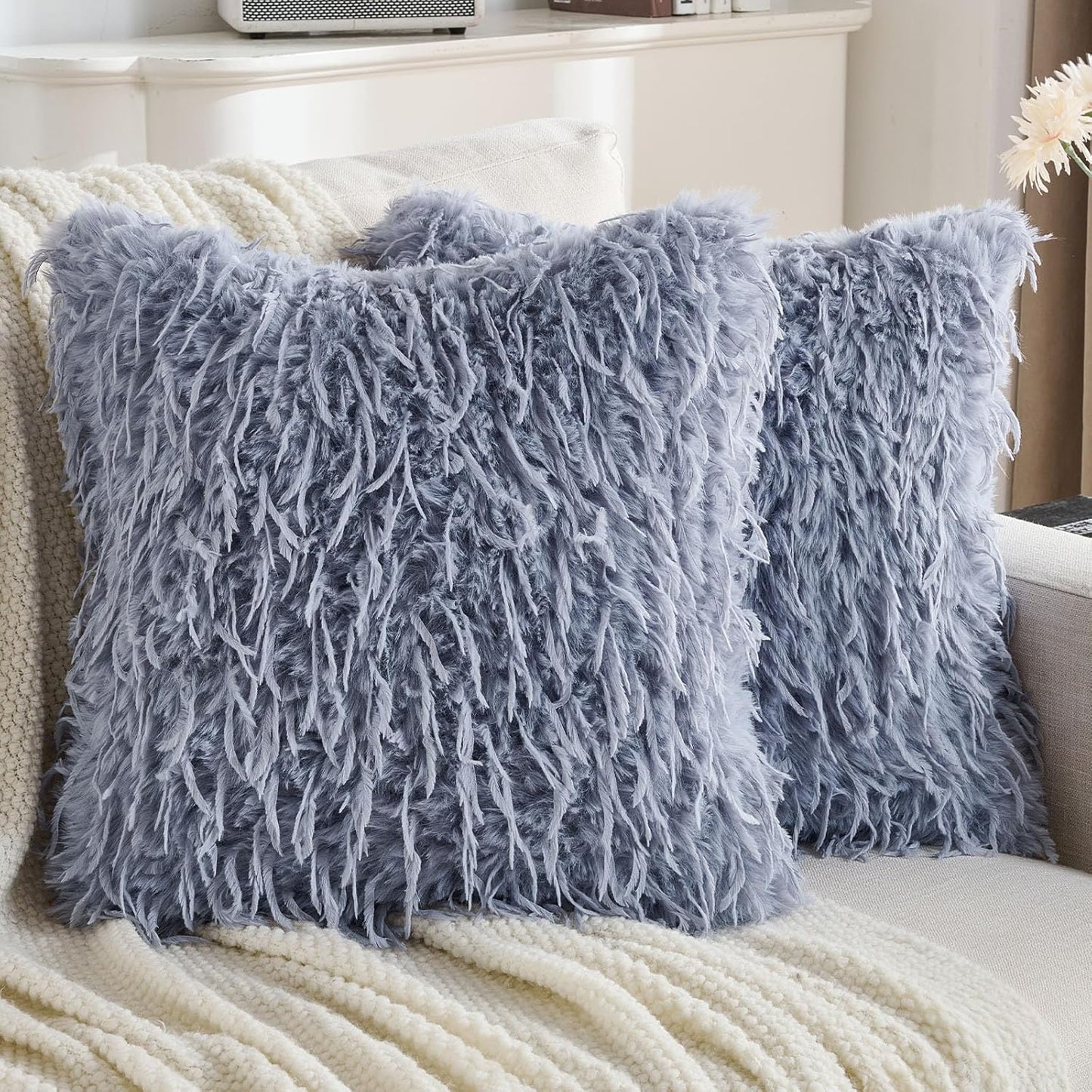 FUTEI Grey Blue Decorative Throw Pillow Covers 24x24 Inch Set of 2,Soft Fluffy Faux Feather Texture European Cushion Cases,Modern Home Luxury Decor for Couch Bed Living Room