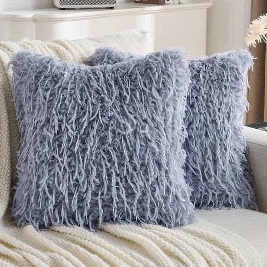 FUTEI Grey Blue Decorative Throw Pillow Covers 26x26 Inch Set of 2,Soft Fluffy Faux Feather Texture Euro Pillow Shams,Modern Home Luxury Decor for Couch Bed Living Room