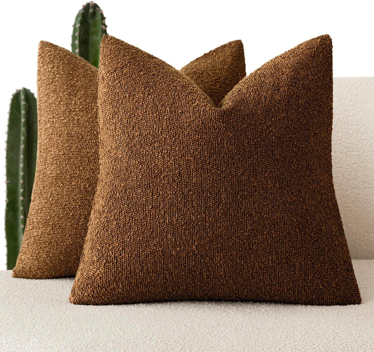Foindtower Pack of 2, Decorative Textured Boucle Throw Pillow Covers Neutral Accent Solid Pillow Cases Cozy Soft Couch Cushion Case for Chair Sofa Bedroom Living Room Home Decor 22x22 Inch Hazel Brown